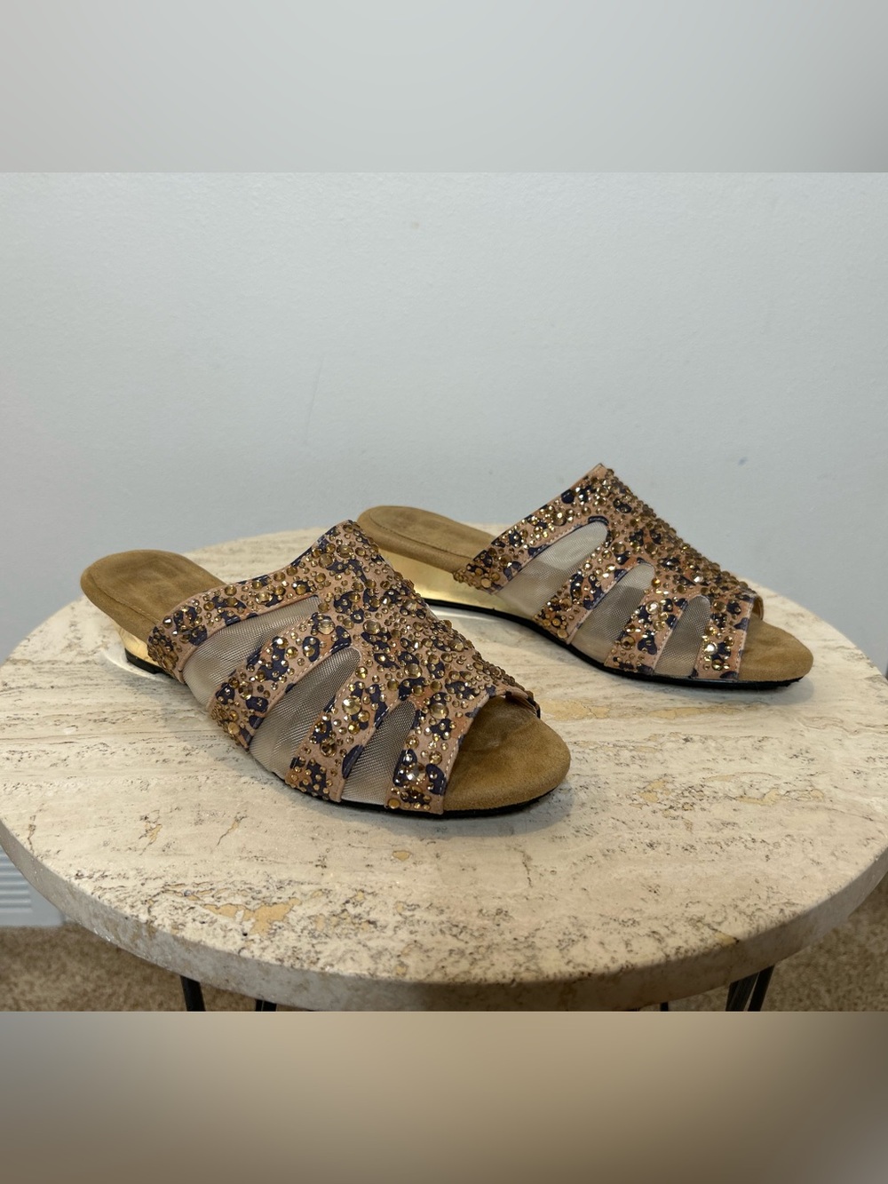 Joan Boyce Tan Jeweled Leopard Slide Sandals Size 9W with box